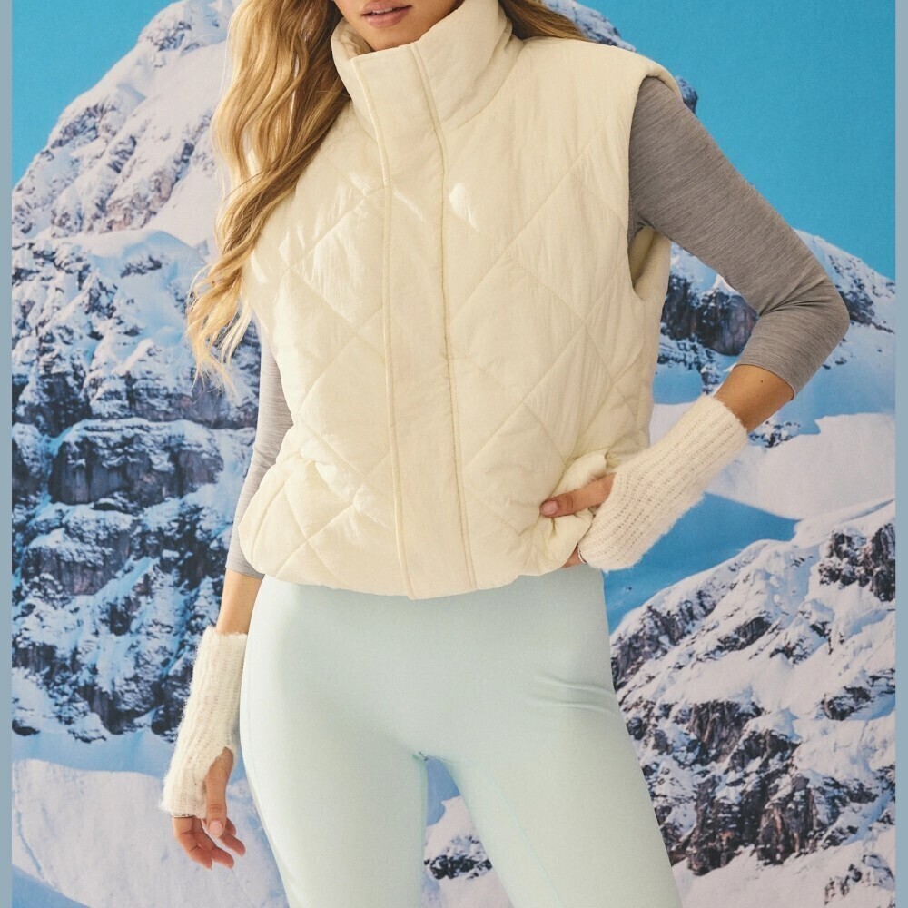 Cream Quilted High Neck Zip Front Oversized Puffer Vest